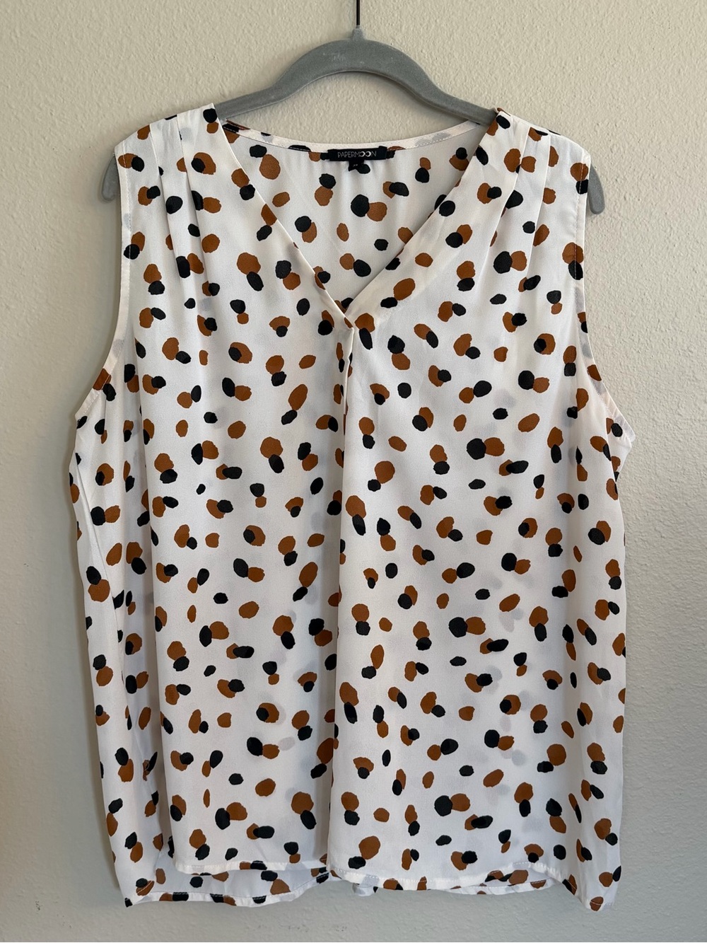 Papermoon White Sleeveless V-Neck Tank with Brown & Black Spot Print